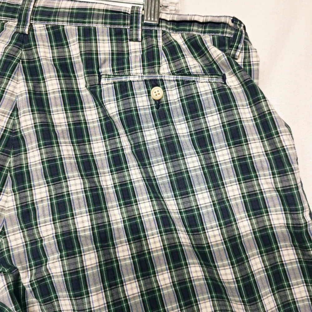 Polo Ralph Lauren Shorts Men's 38 Green Blue Plaid Cotton Flat Front Casual